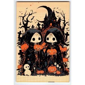 Cute Halloween Postcard with Twin Grim Reapers & Pumpkins 5.5x4"